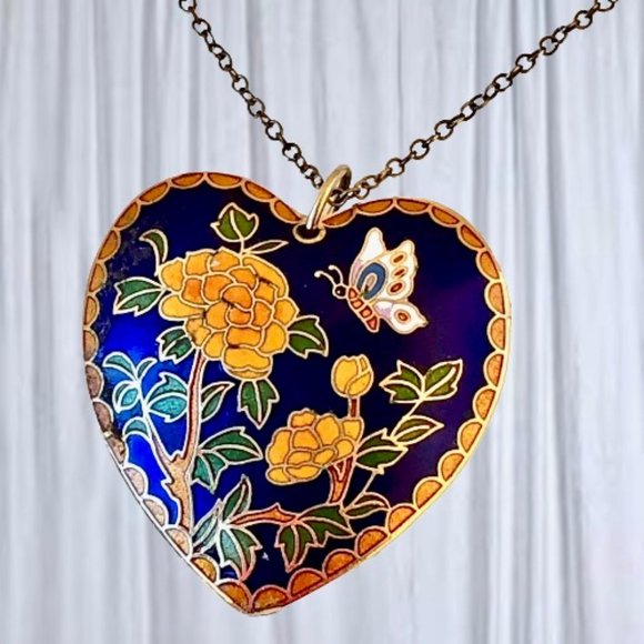 Vintage Cloisonne Large Heart Puffy Double Sided Enamel Pendant Necklace Red Blu - Picture 3 of 16